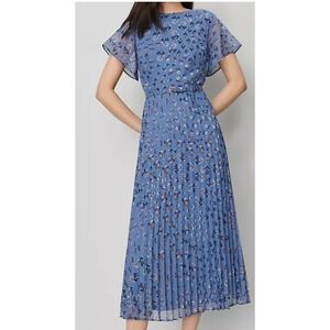 NWT Ann Taylor Floral Pleated Midi Dress Size 6 Flutter Sleeves Self Belt